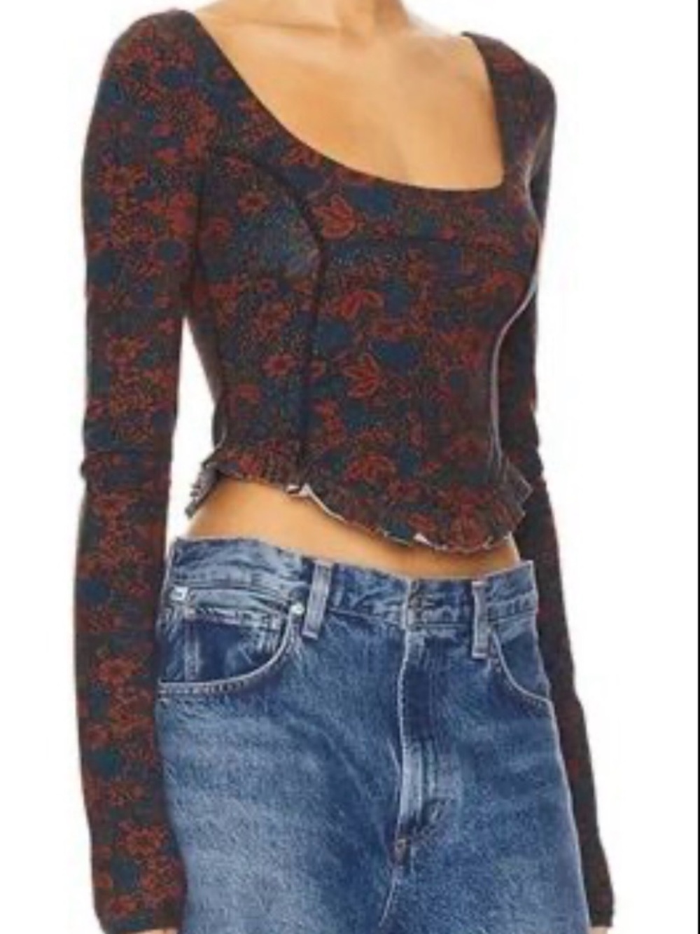 Free People Black Crop Top with Red & Blue Floral Print